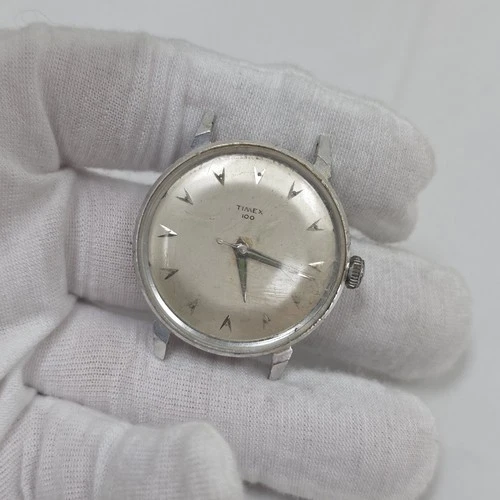 Vintage 1960s Men’s TIMEX 100 Pie Pan Dial Aluminum Case Wind Up Watch AS-IS