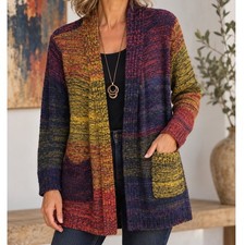 Ali Miles Sweater Open Cardigan Marled Patchwork Open Mid Length Womens Large