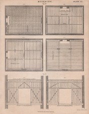Edificio. Viguetas y tabiques. Carpintería. BRITANNICA 1860 impresión antigua