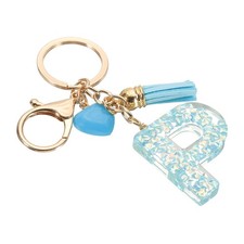 Initial Letter Keychain, Letter P Heart Design Charm with Tassels, Blue