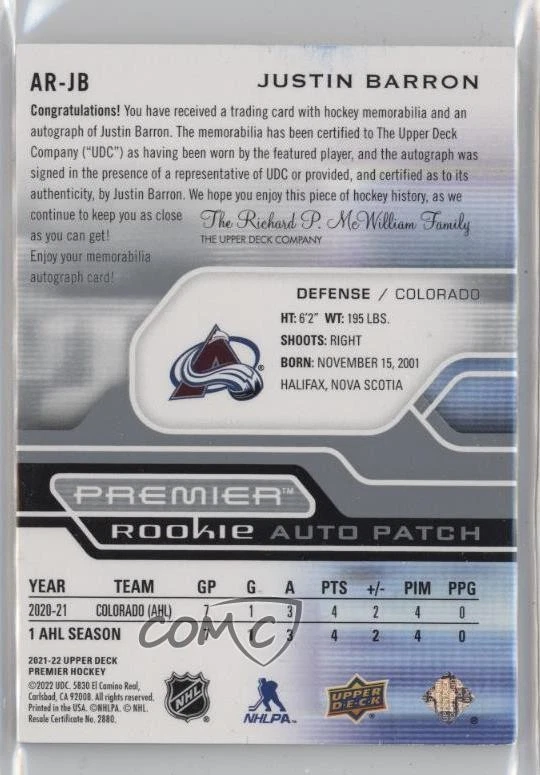2021-22 Upper Deck Premier Acetate Rookie /249 Justin Barron RPA Patch Auto RC - Image 2 of 2