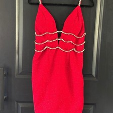 Jovani Designer Prom Dress Red Plunging Neckline Crystals Glittery USA 10 FLAW