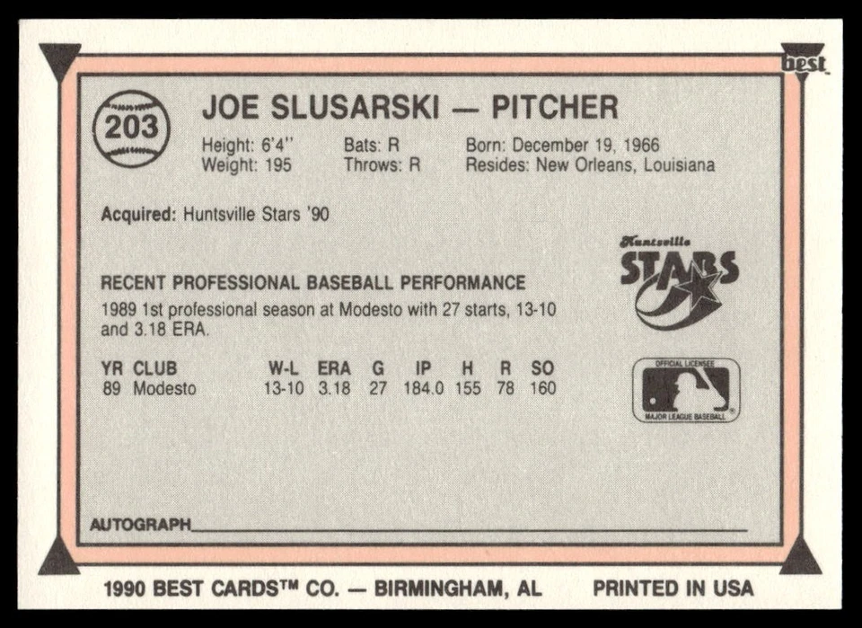 1990 Best Minor League #203 Joe Slusarski - Image 2 of 2