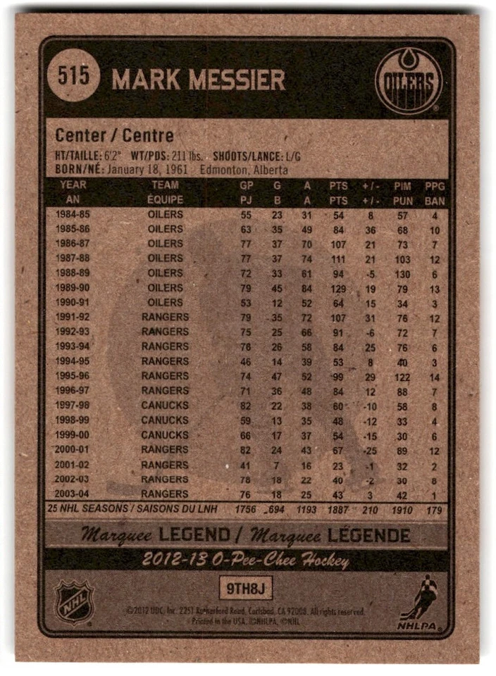 2012-13 O-Pee-Chee Legend Mark Messier #515 Edmonton Oilers - Image 2 of 2