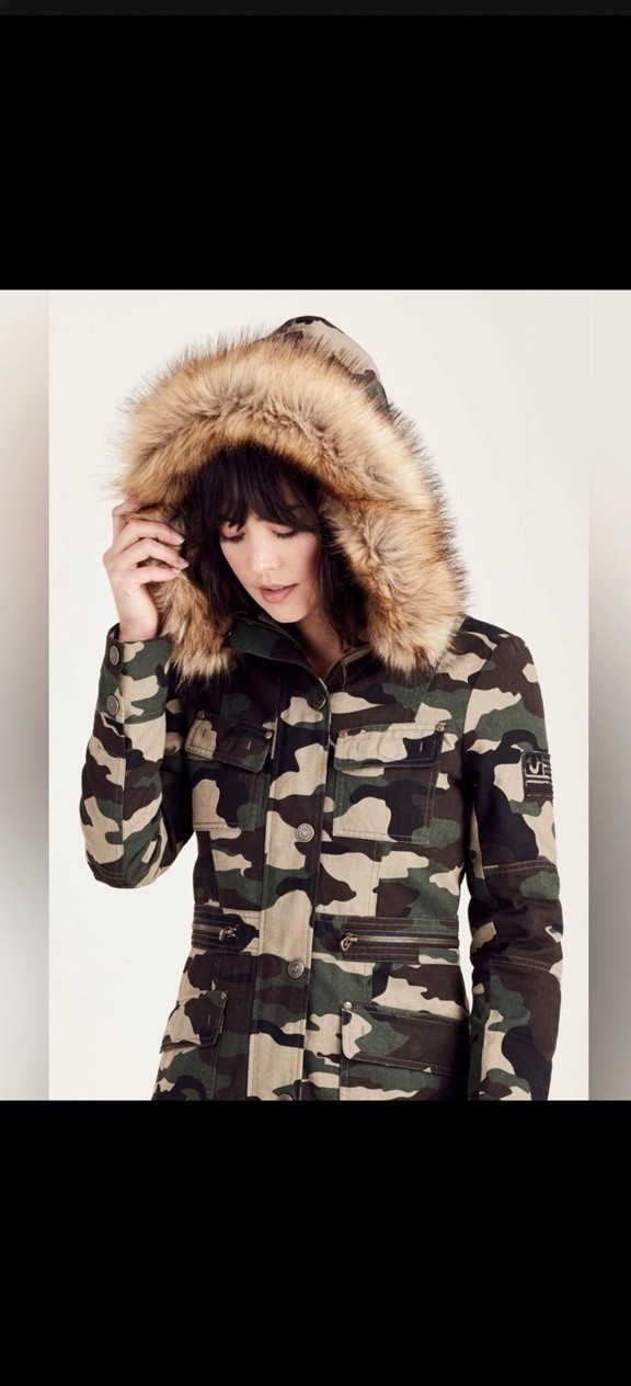 TRUE RELIGION Women’s Camo Faux Fur Hooded Luxe Parka Jacket Cargo Utility S image 6