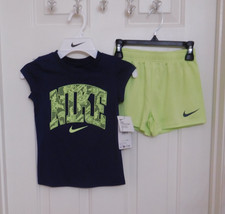 NWT 2pc Nike Navy Lime Lace Logo Top  Lime Shorts Set sz 4 6 or 6X