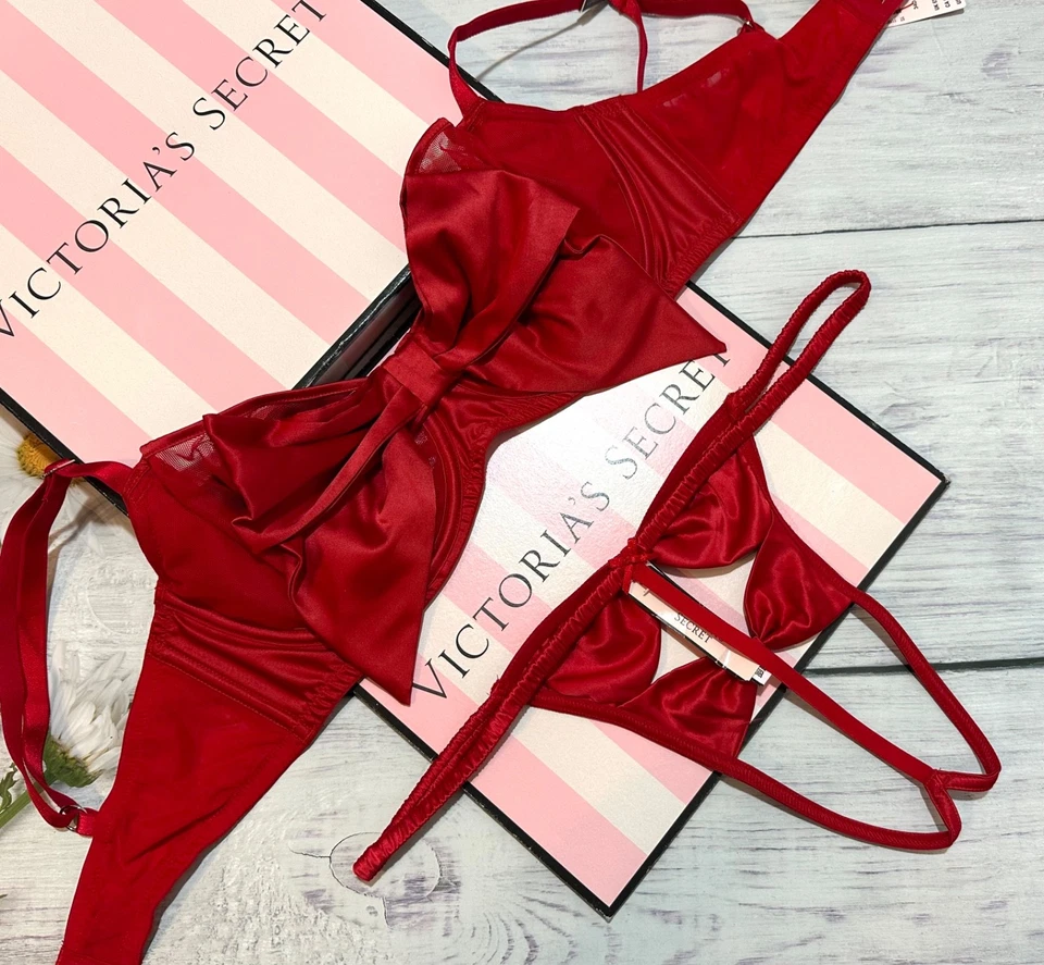 Victoria’s Secret Red Satin Bow Lingerie Set Bra & Panty Sexy - Image 4 of 4