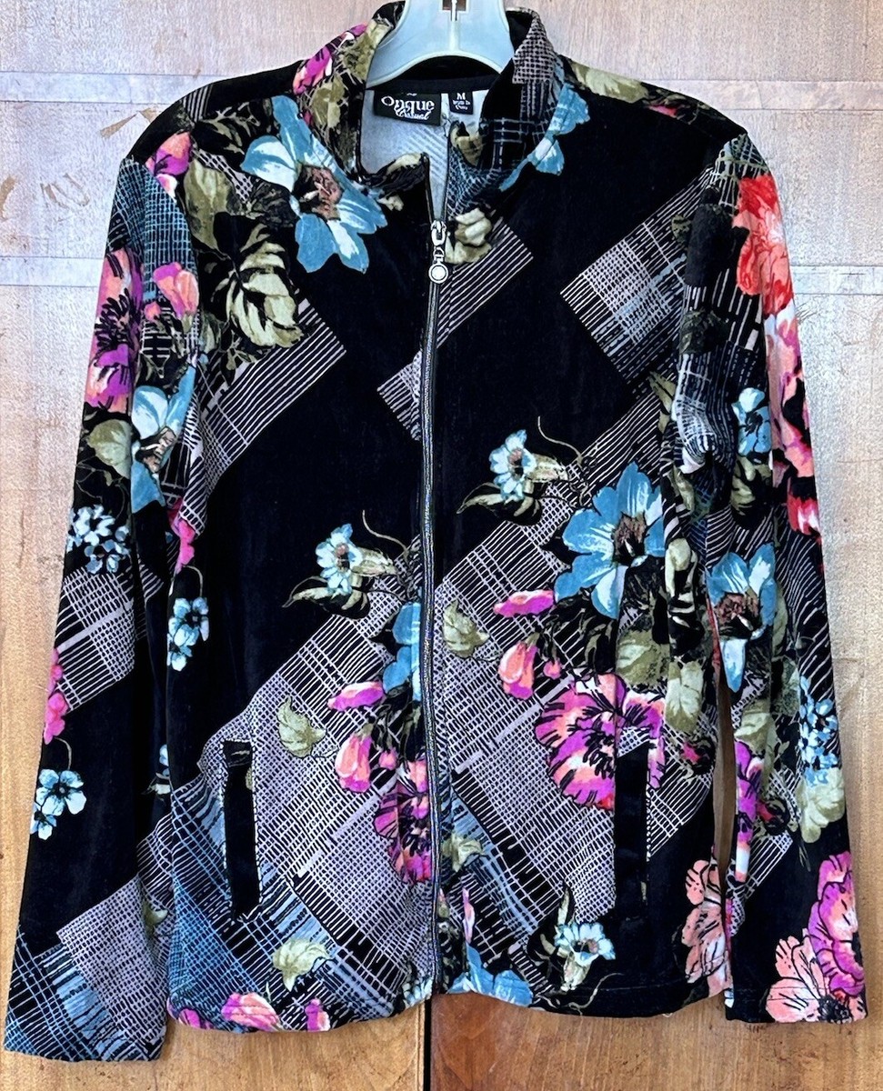 Onque Casuals Velour Floral Long Sleeve Stand Up Collar Jacket Size L Y2K  Vibe
