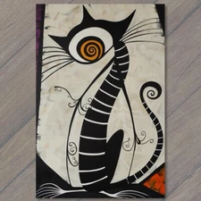 4x6"  Cat Surreal Skeleton Black Cubist Abstract Art Spiral Eyes Minimalist