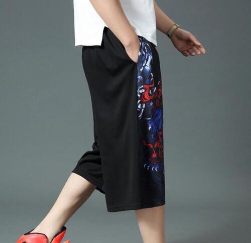 Men's Black Printed Wide Leg Summer Breathable Sports Basketball Shorts Elastic - Picture 4 of 13
