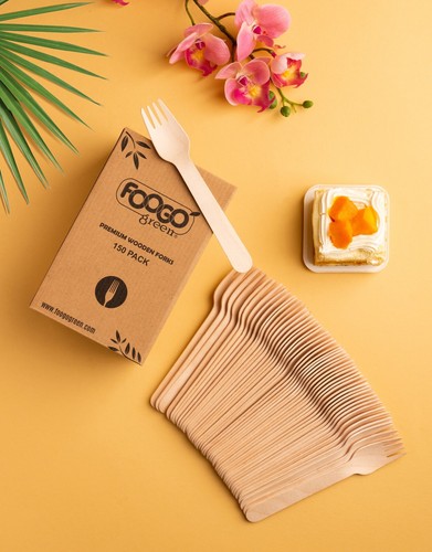 FOOGO Green Disposable Wooden Cutlery Set Eco Friendly Spoons Forks Knives 16CM - Picture 10 of 23