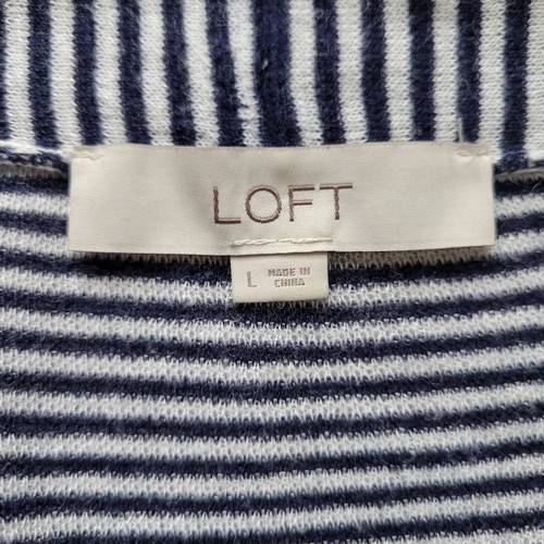 LOFT Cardigan Size L Black White Striped Open Front Pockets Longline Linen Blend - Picture 5 of 10