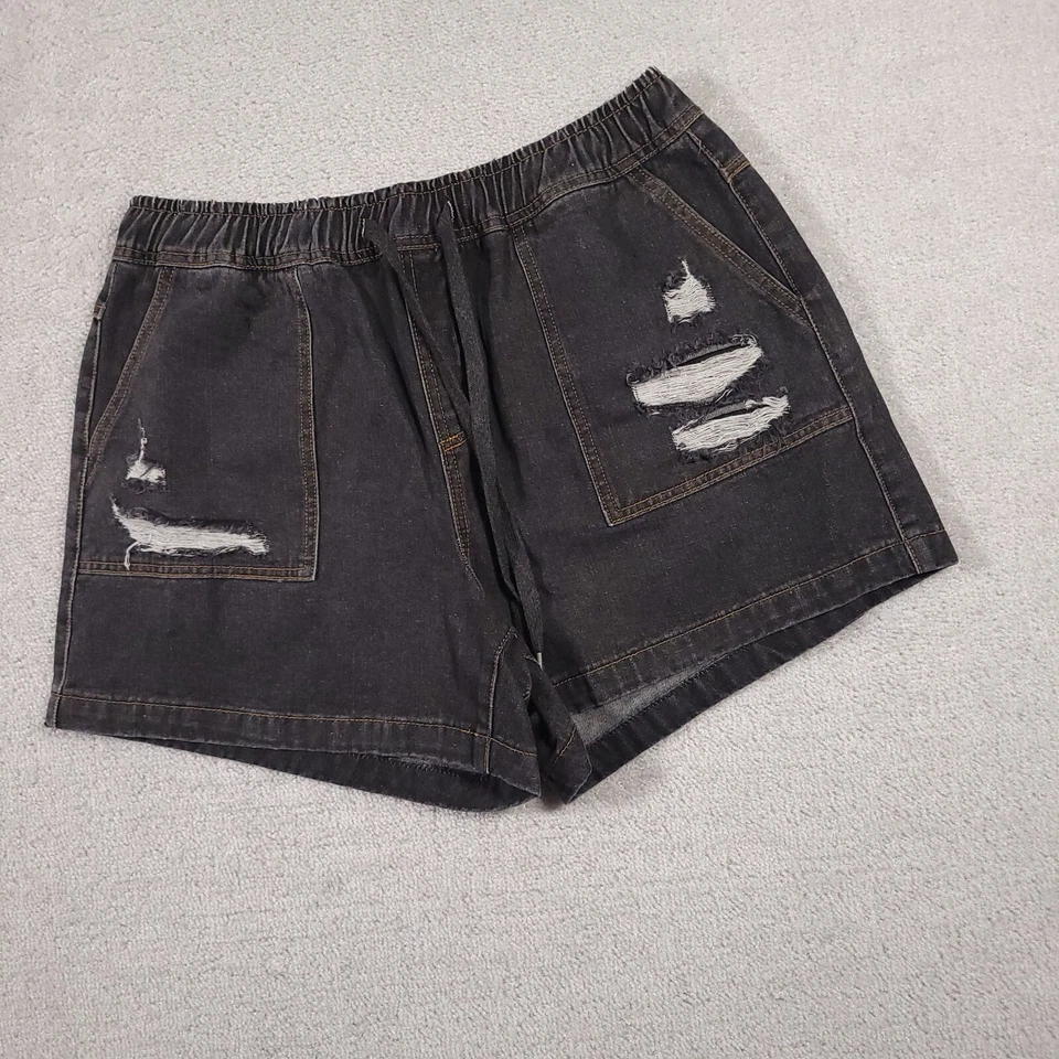 Pantalones Cortos Para Mujer Blanco Abedul 1X Desgastados Lavado Oscuro Cordón Cintura Elástica Foto 2 de 4