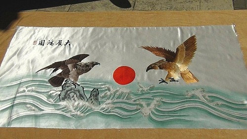 ANTIQUE 1920s JAPANESE SILK EMBROIDERY LARGE 74" x 36" PANEL OF 2 EAGLES & SUN - Picture 2 of 12
