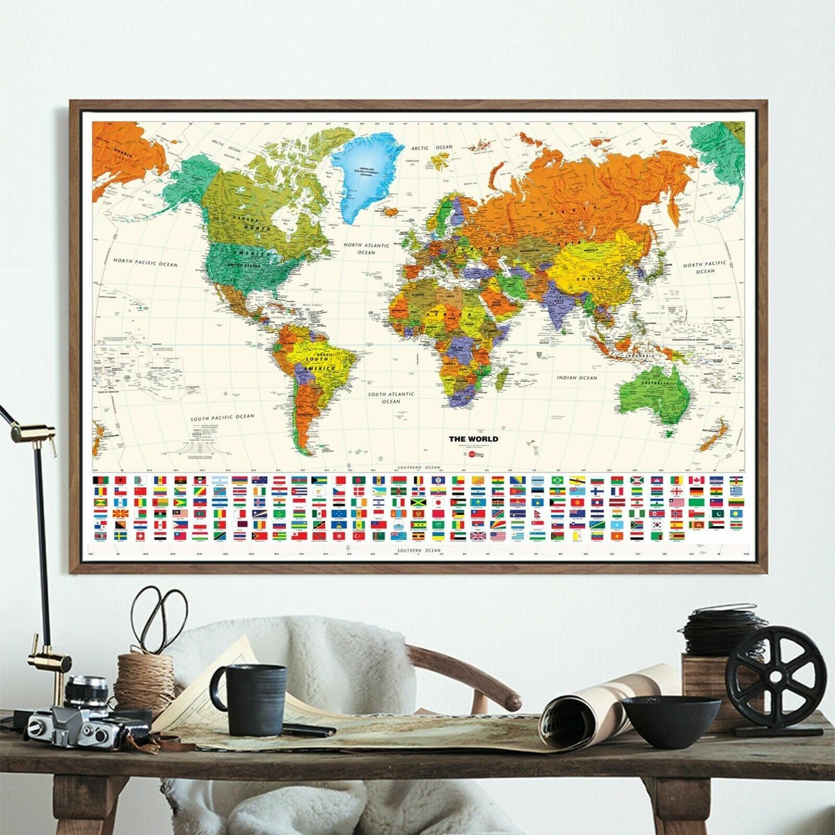 Large World Map Thin Canvas Poster Travel Country Flags 36 x 24
