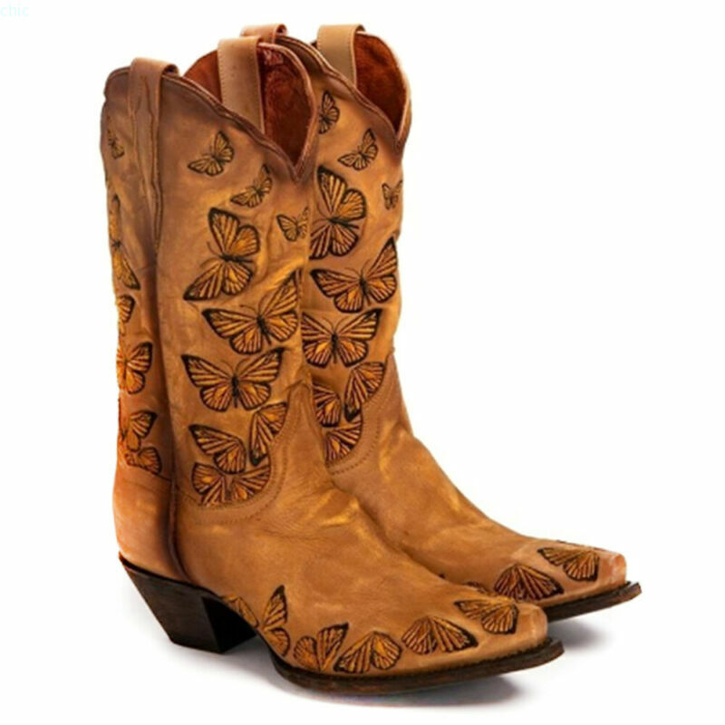 Women Mid Calf Butterfly Embroidered Cowgirl Cowboy Mid Calf
