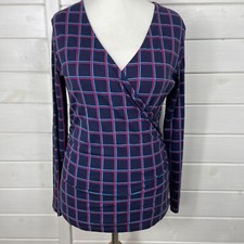 KETTLEWELL Top Womens Size Medium Blue Red Check Faux Wrap Fitted Stretch 221