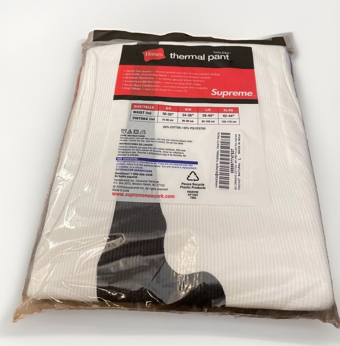 SUPREME/ HANES/ BONES THERMAL PANT 1 PACK WHITE SIZE MEDIUM SUPREME/ HANES/ BONES THERMAL PANT 1 PACK WHITE SIZE MEDIUM