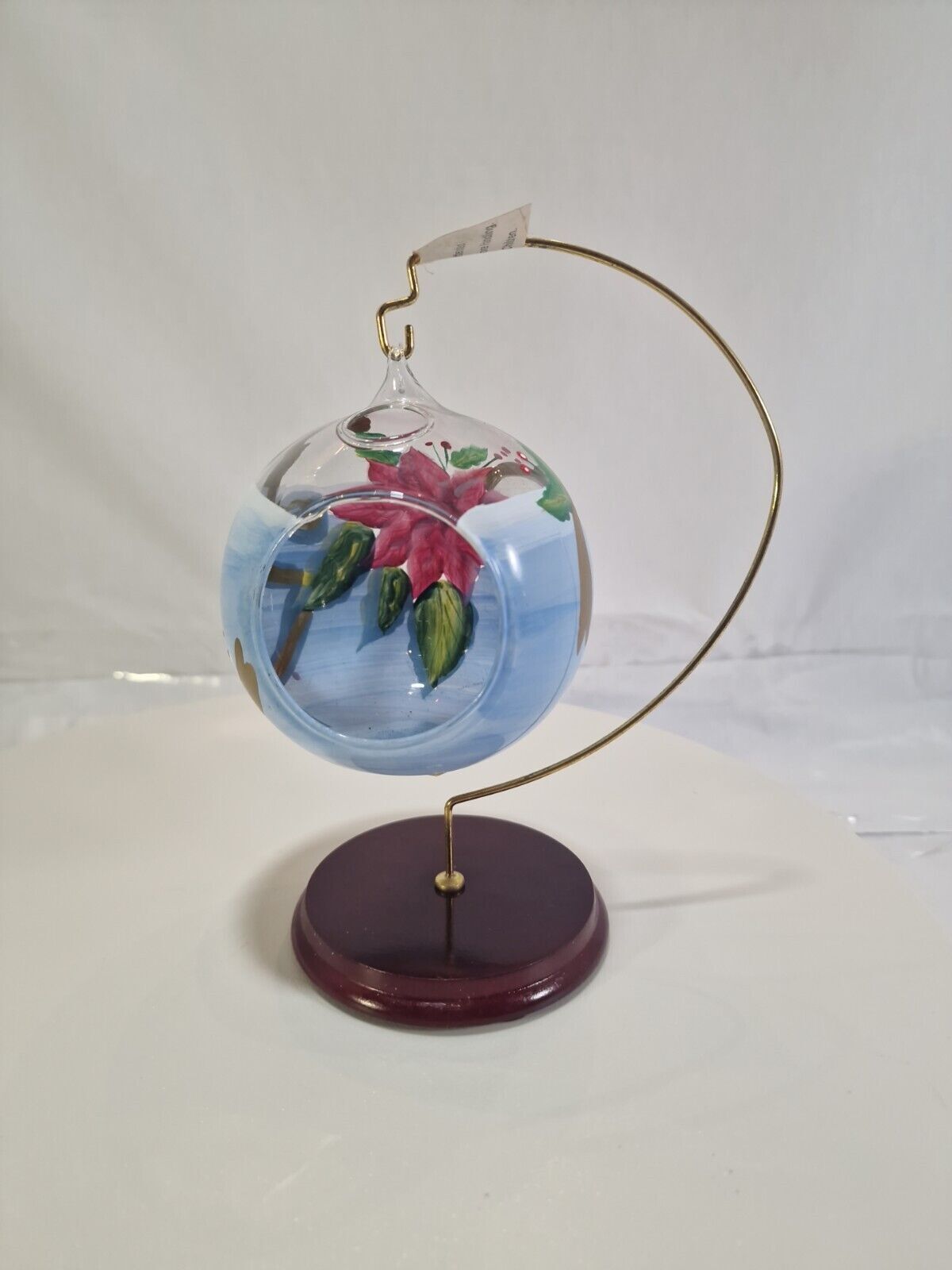 Tea Light Holder Glass Ball Floral Hand Painted Hanging  w/ Stand 7"