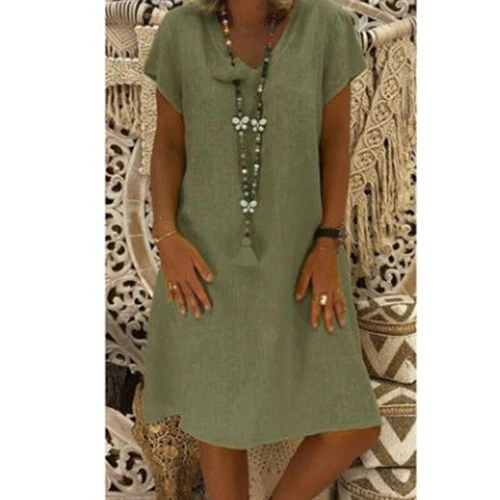 Women Short Sleeve Cotton Linen Midi Dress Ladies Solid V Neck Loose Sundress US - Bild 20 von 40