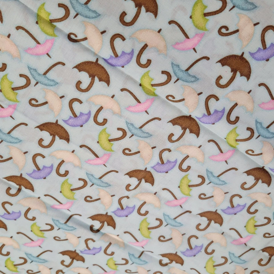 Cotton Fabric Umbrellas Pastel Rain Weather 19" x 44" Blue Pink Green Brown - Image 3 of 4