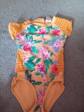 Art Class Girls Swimsuit Small 6X One Piece Yellow Floral Mesh Rash guard Beach