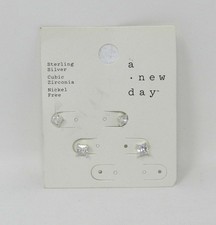 A New Day Women's Sterling Silver Stud or Square Cubic Zirconia Earring Duo Set