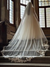 High Quality Handmade Custom Soft Falling Cathedral Bridal Veil With Blusher