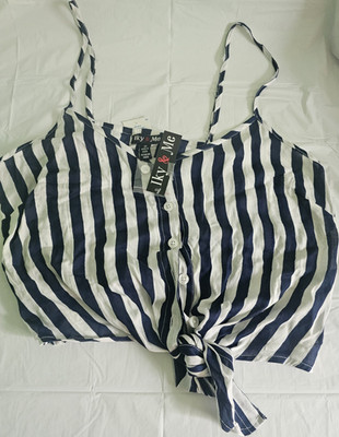 Iky & Me Navy White Striped Cropped Button Tie Tank Top V-Neck 100% Cotton M
