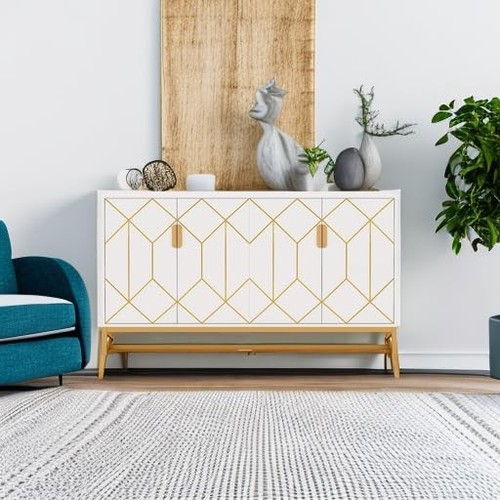 White Gold Storage Cabinet with Door and Adjustable Shelves for Living Room, - Picture 6 of 7