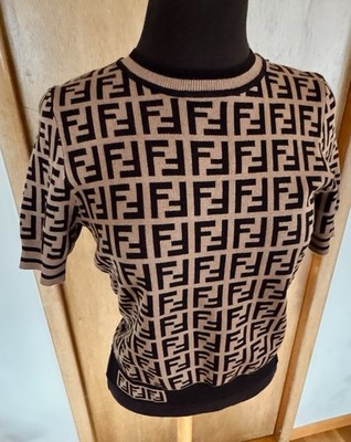 Fendi FF Zucca Monogram Knit Top Brown Black Short Sleeve IT 36 NWT Italy