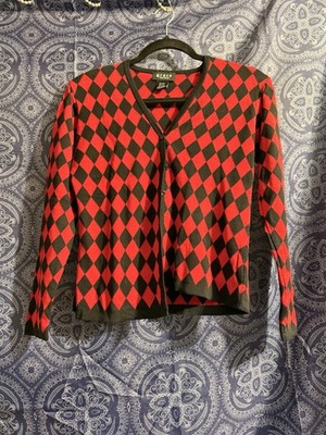 Grace Knitwear Women s Cardigan Sweater Black and Red Checkered Size Small