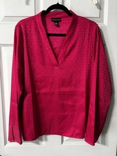 Vintage Halston Fuschia Pink Sz Lg V-neck Logo Blouse Top Long Sleeve Classic