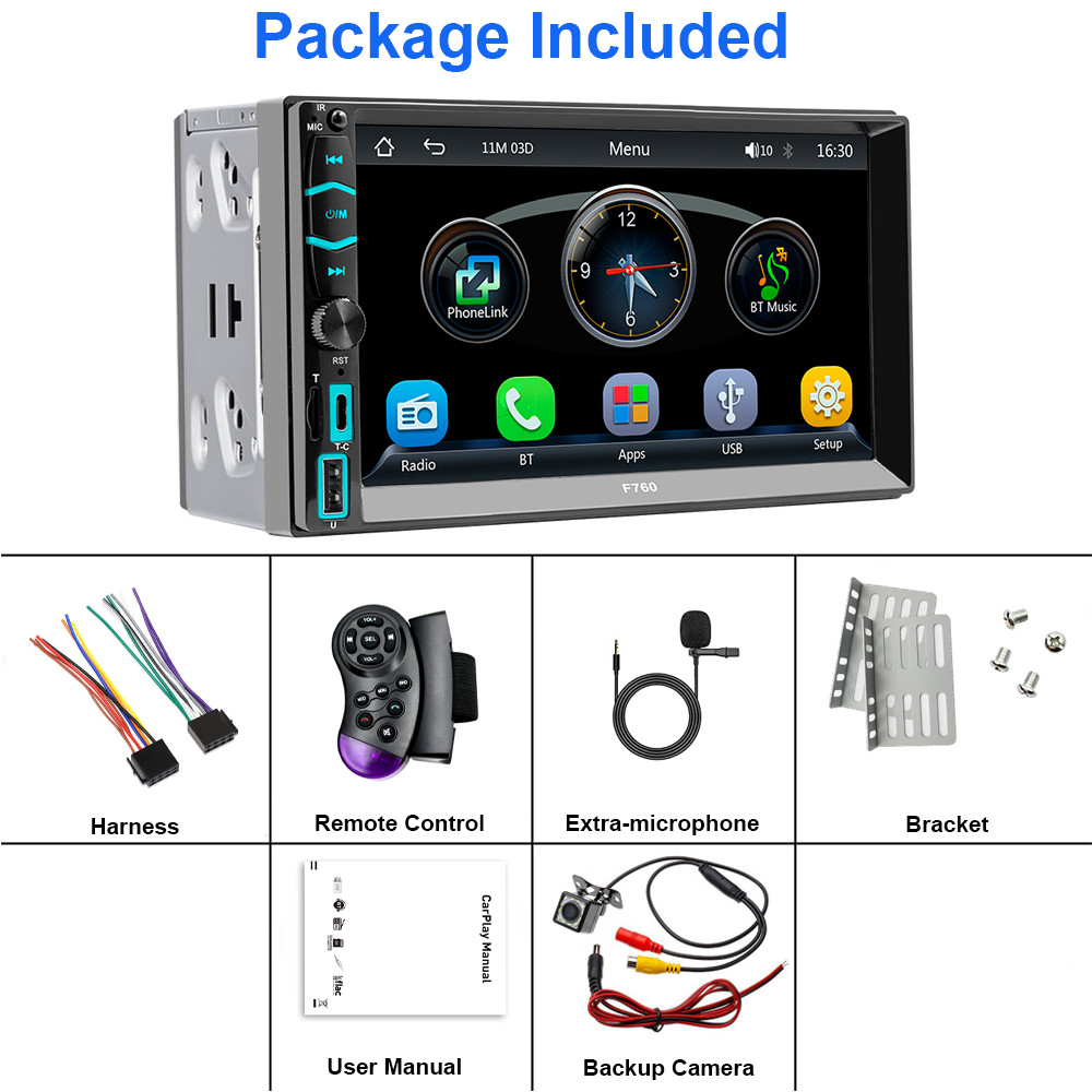 7" Double Din Car Stereo Radio Apple/Android CarPlay GPS Head Unit w/ Camera BT