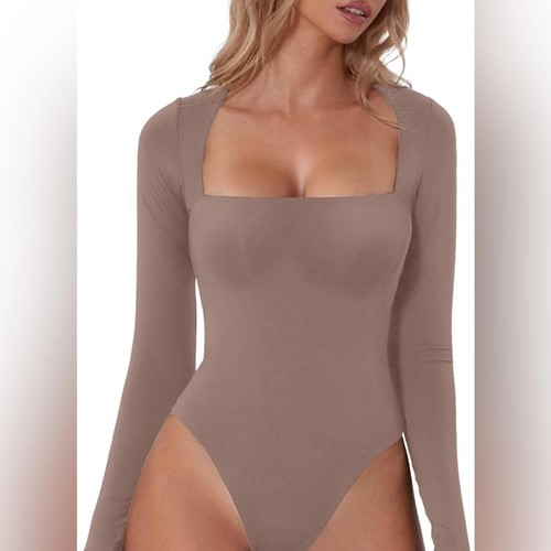 Square Neck Bodysuit Long Sleeve Double Lined Bodycon Slimming Top SM