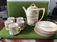 ANTICO SET DA TÈ IN PORCELLANA NIPPON - dipinto a mano, teiera e 5 tazze e piattini, 1908