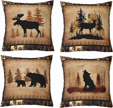 Set of 4 Vintage Bear Throw Pillow Covers,Cabin Deer Hunting Cushion Case for Ho