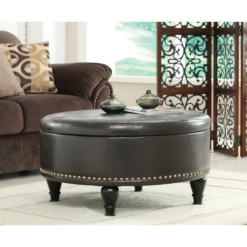 Large Round Storage Ottoman w/ Flip Top Surface Nailhead Trim Footrest Home NEW - 第 7/28 張圖片