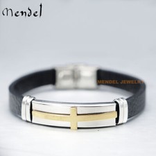 MENDEL Mens 7 Inch Christian Cross Leather Bracelet Stainless Stainless For Men