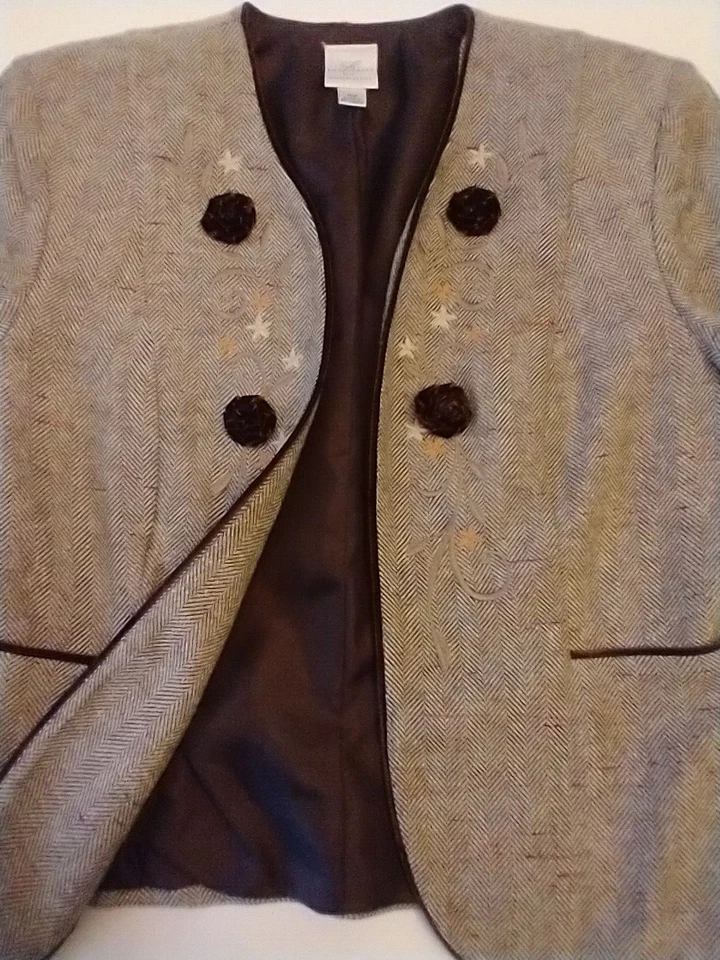Blazer Bordado Talla 10P Emma James Marrón Espiga Patrón Terciopelo Acentos Foto 3 de 4