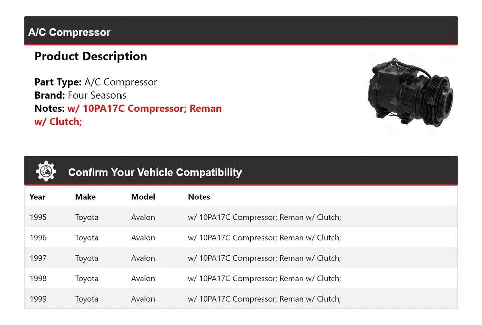 Compresor de aire acondicionado para Toyota Avalon 1995-1999 4 estaciones 1996 1997 1998 Foto 2 de 4