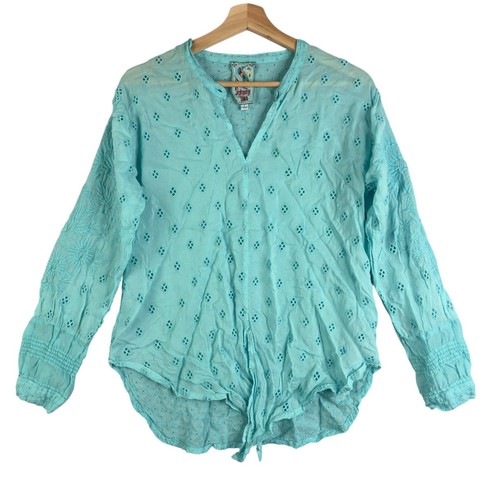 Johnny Was Tie Front Eyelet Blouse Tunic Size S Women's V-neck Pool Blue