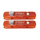 NOS Mopar 383 400 440 ORANGE Die-Cast Aluminum Valve Covers W/ Logo Breathers