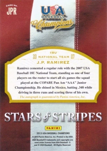 J.P. RAMIREZ 2013 Panini USA Baseball Rookie Auto Red 1/25 Card JP (x) - Image 2 of 2