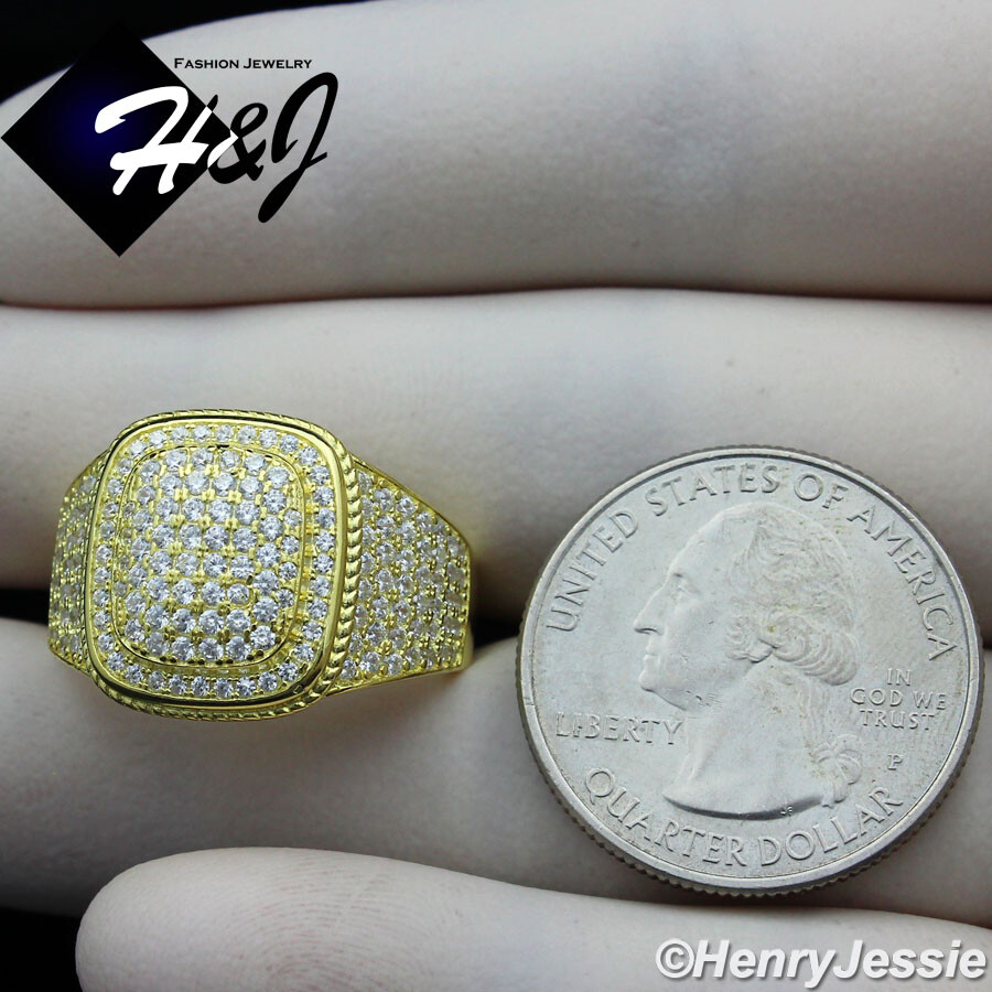 MEN 925 STERLING SILVER ICY BLING CUBIC ZIRCONIA GOLD PLATED RING*GR123 ...