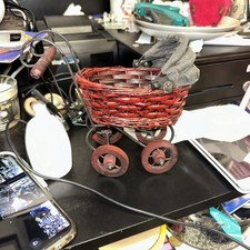 Antique Stroller Baby Carriage Buggy  Victorian Style Wicker Metal  Canvas