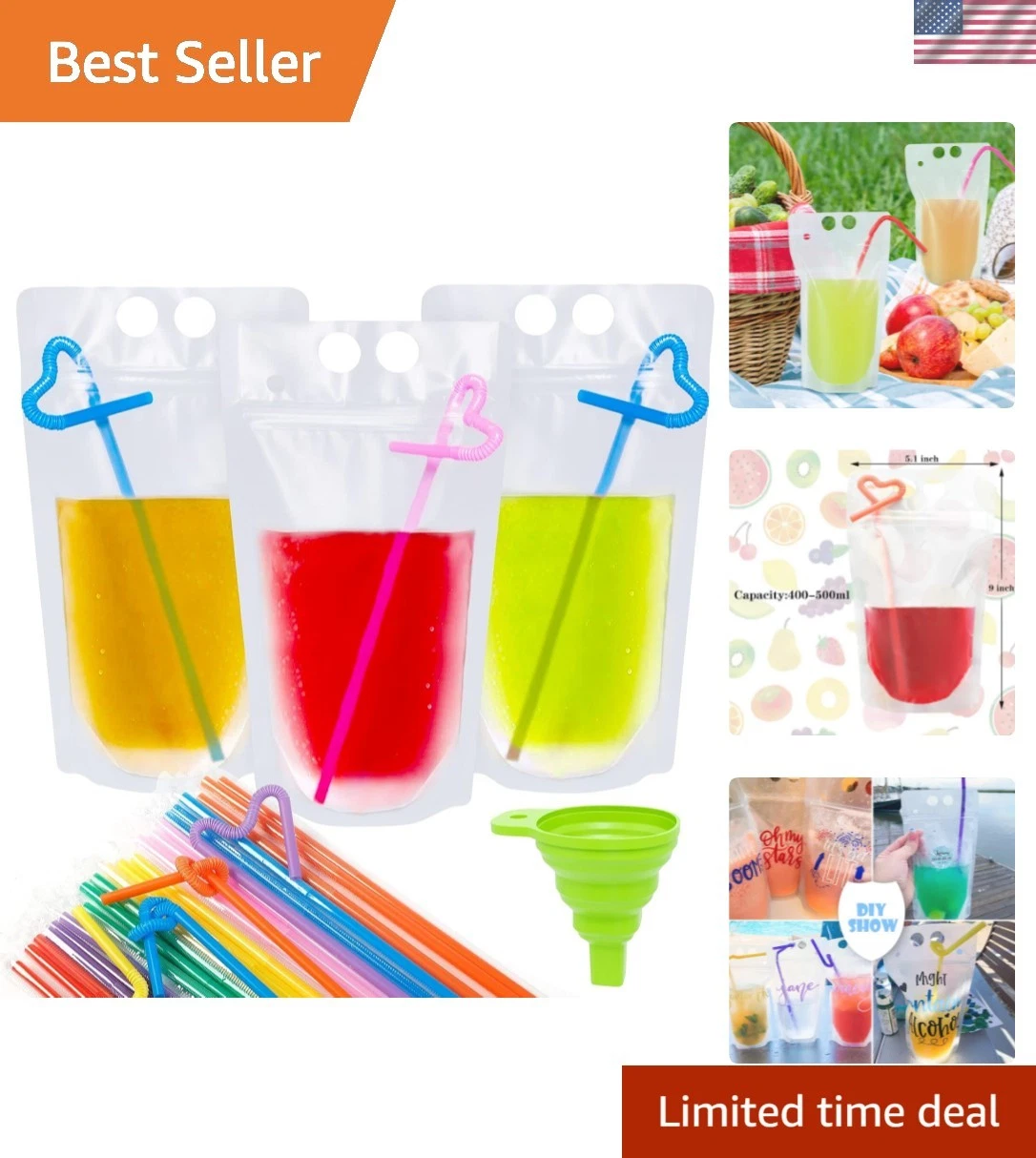 50 Pcs Drink Pouches, Juice Pouches for Adults, Reusable, Reclosable Zipper S...