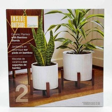 Image of Inside Outside Ceramic Plant Pots with Bamboo Stands Set of 2 Planters