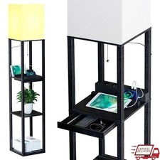 Multifunctional Floor Lamp W/ USB Ports Power Outlets Solid Wood Shelves Drawer