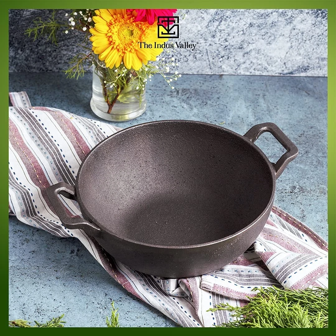 Pre-Seasoned Cast Iron Cooking Kadai with Curved Handle 100% Nonstick 3.2Ltr